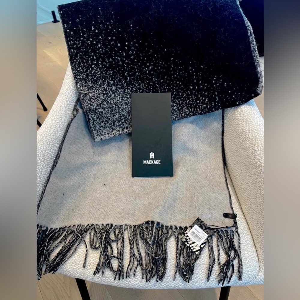 Mackage Black and Cream Logo Fringe Wool Scarf - Picture 2 of 4
